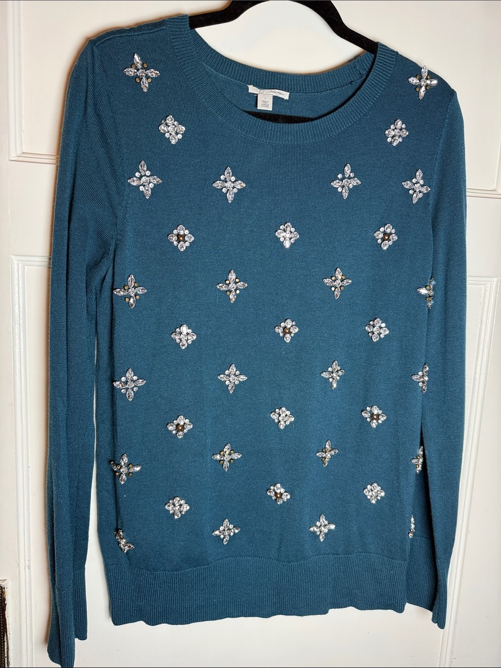 Halogen Embellished Teal Crewneck Sweater - Women's
